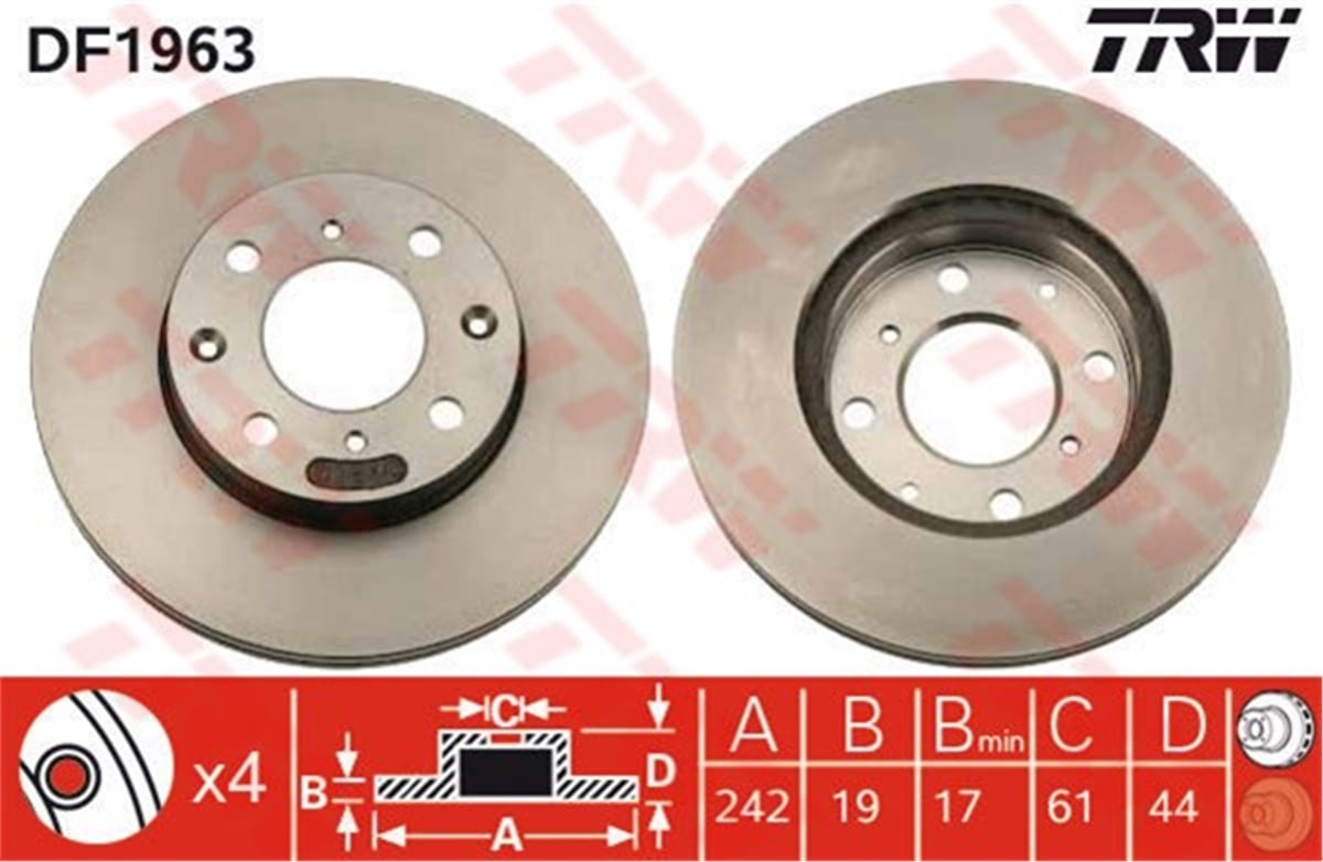 YEDEK PARÇAFREN DİSKİ ÖN CIVIC II 1988-1995-CIVIC IV 1987-1993-CIVIC V 1991-1995-CRX II 1987-1992-CRX III 1992- TRW DF1963TRWTRW DF1963