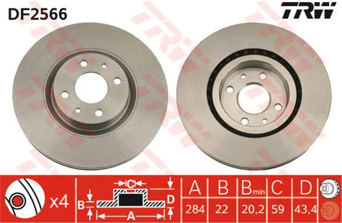 YEDEK PARÇAFREN DİSKİ ÖN TAKIM 1.4 T-JET 46455892 FIAT LINEA/BRAVO/DOBLO 07- 1.4 T-JET TRW TRW DF2566TRWTRW DF2566