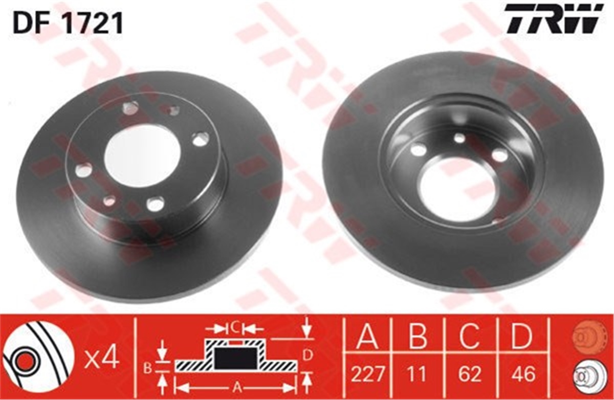 YEDEK PARÇAFREN DİSKİ ÖN TAKIM 227 MM DÜZ 4385812 FIAT M131/DOĞAN/ŞAHİN/KARTAL 72- BM TRW TRW DF1721TRWTRW DF1721