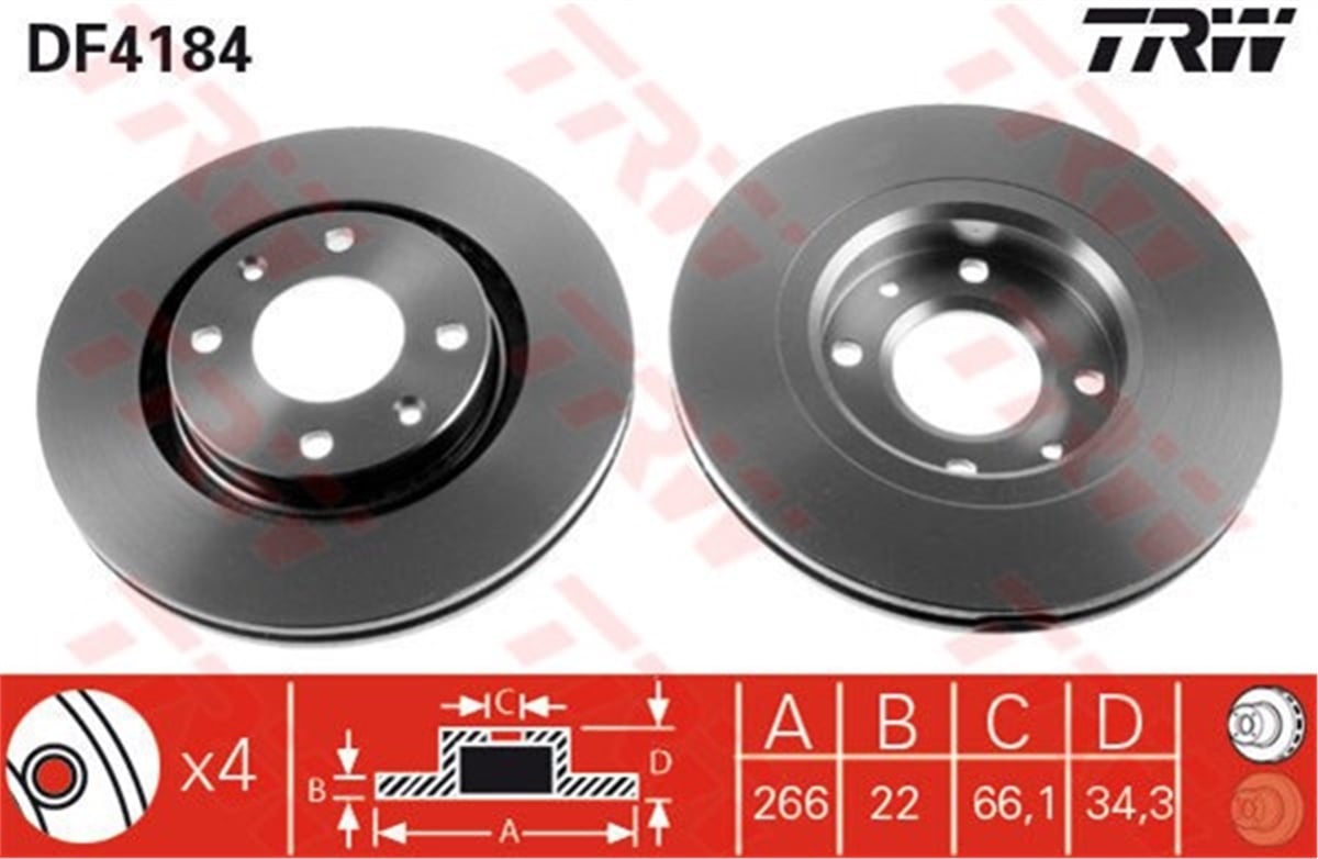 YEDEK PARÇAFREN DİSKİ ÖN TAKIM 4249G1 PSA BR2 / PART2 /C3/C3 04-08 1.9 DW8B /1.4 DV4TED TRW TRW DF4184TRWTRW DF4184