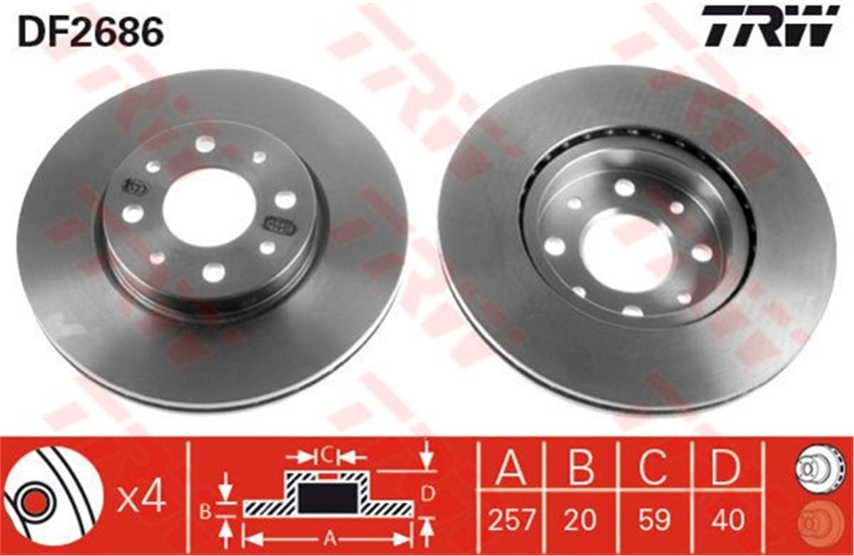 YEDEK PARÇAFREN DİSKİ ÖN TK 257MM 51749124 FIAT FIORINO/DOBLO/LINEA/ALBEA/IDEA/500/DEBRA/MITO/BIPPER/NEMO 03- BM TRW TRW DF2686TRWTRW DF2686