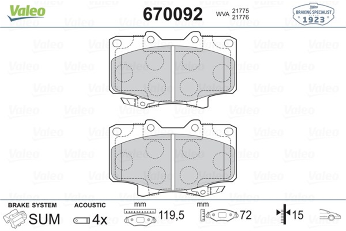 YEDEK PARÇAÖN BALATA LEXUS ES 95-97 VALEO 670092VALEOVALEO 670092