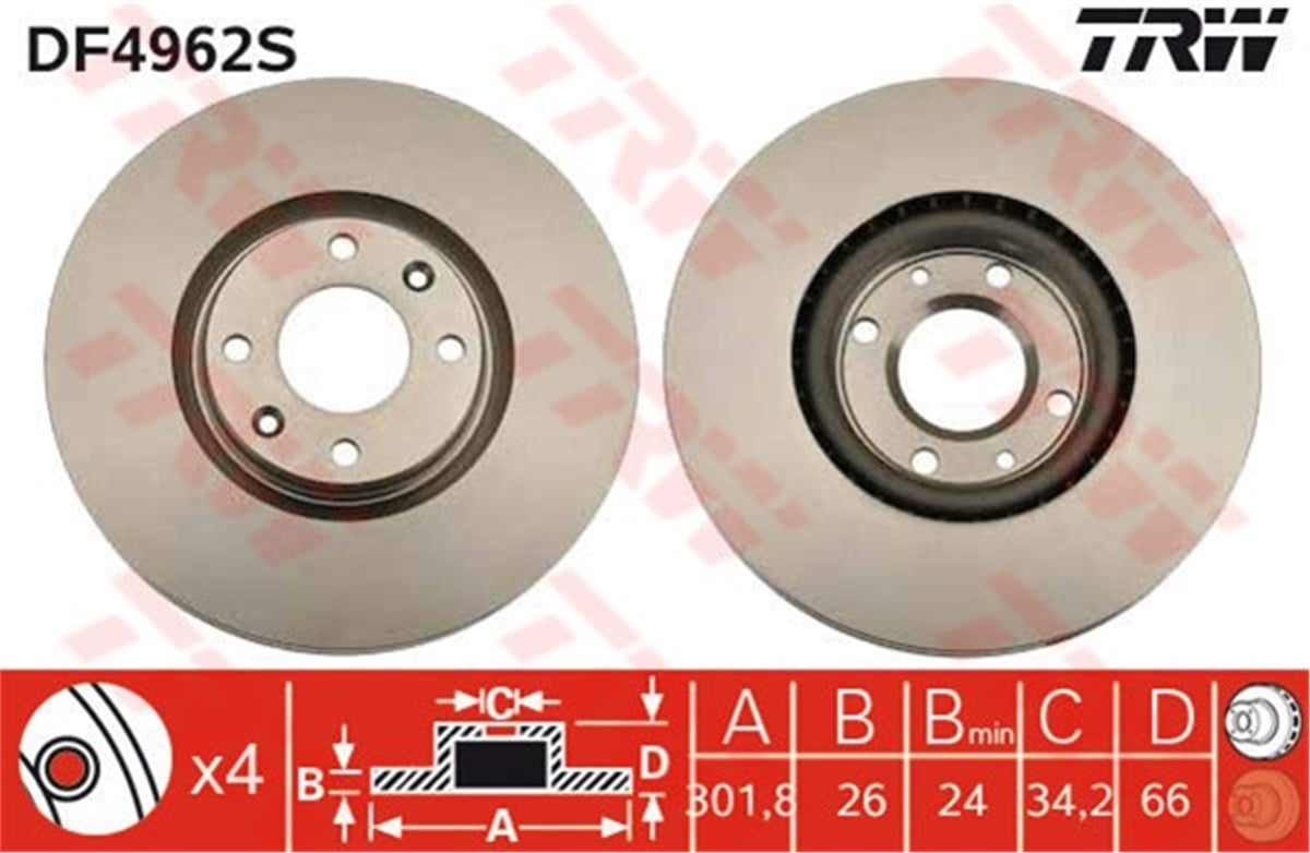 YEDEK PARÇAÖN FREN AYNASI HAVALI P208 1.2-1.4-1.4HDI-1.6-1.6HDI-P308-3008-P5008 1.6 16V-2.0HDI 07 TRW DF4962STRWTRW DF4962S