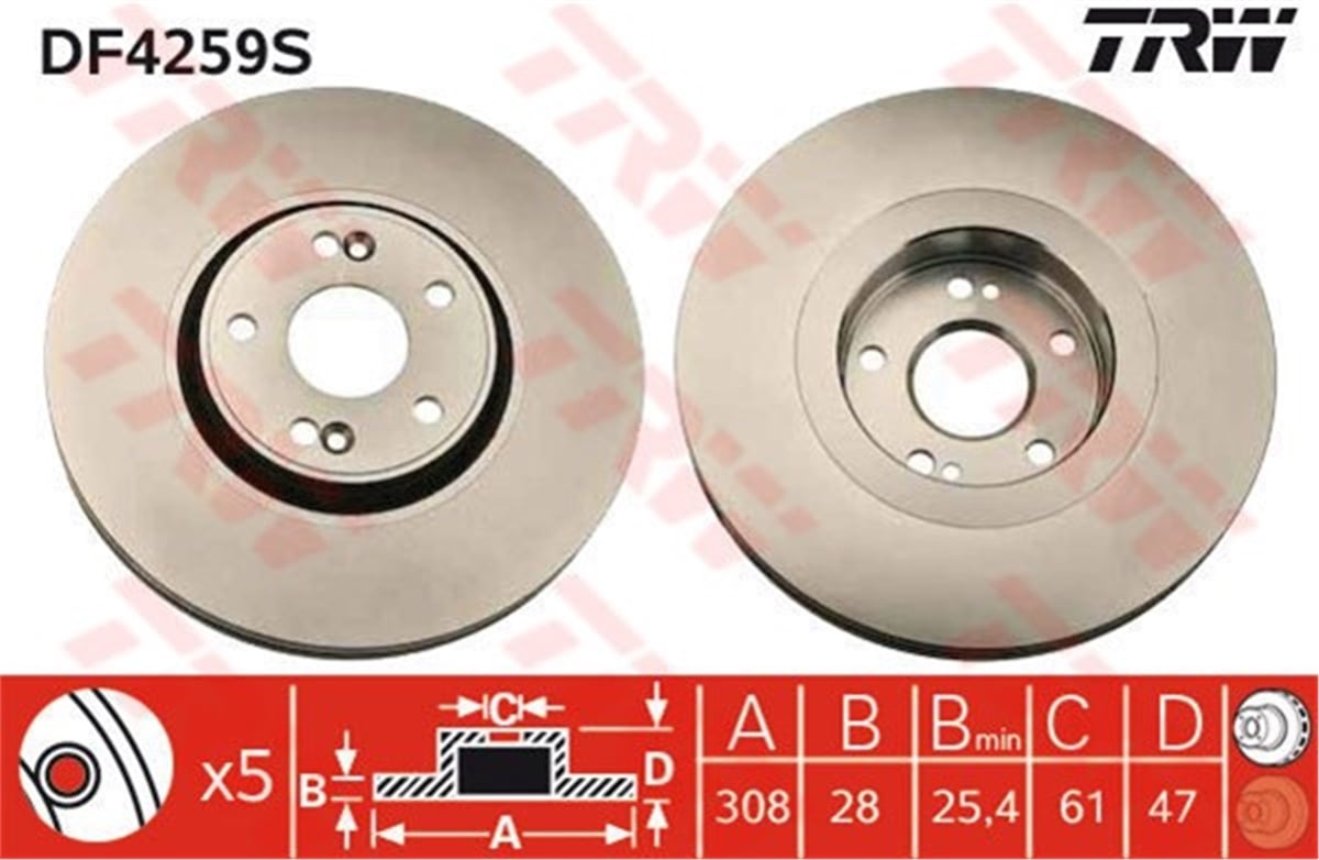 YEDEK PARÇAÖN FREN AYNASI LGN 2.0 16V TURBO 03 2.2DCI 05 3.0 V6 24V 01 308X28X5DLXHAVALI TRW DF4259STRWTRW DF4259S