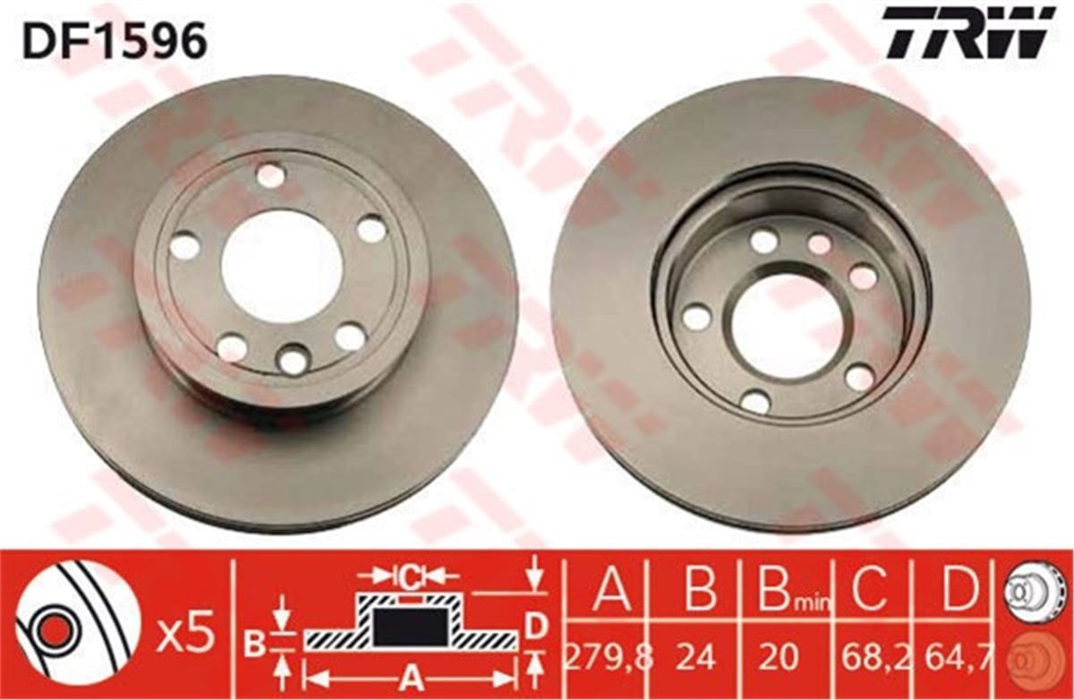YEDEK PARÇAÖN FREN AYNASI T4-CARAVELLA 1.8-1.9D-1.9TDI-2.0-2.4D-2.5-2.5TDI-2.8 90-97 279.8X24X5DLXHAVALI TRW DF1596TRWTRW DF1596
