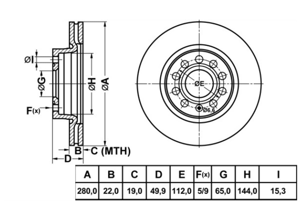 YEDEK PARÇAON FREN DISKI-280×22 5×112 VW CADDY 04-15  GOLF 04-14  AUDI A3 09-13  SEAT LEON 06-13  SKODA OCTAVIA 04-13 1K0615301AK -MGA-50274MGAMGA-50274