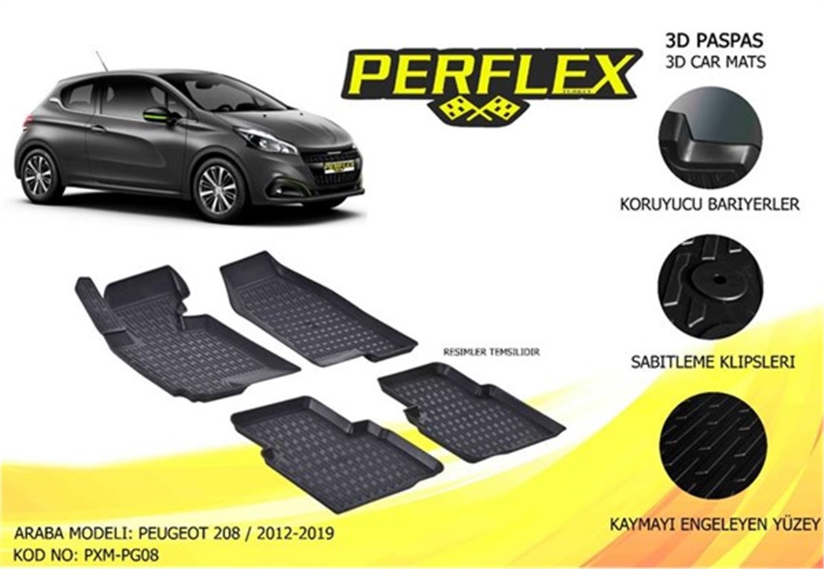 208PERFLEX 3D X-MAT HAVUZLU PASPAS ÇEŞİTLERİ SİYAH PEUGEOT 208 2012-2019 3D X-MAT 5 PCS PERFLEX PXM-PG08PERFLEXPERFLEX PXM-PG08