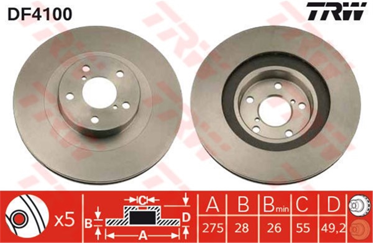 AVENSISÖN FREN AYNASI AVENSIS 1.6VVTI-1.8VVTI-2.0D-4D-2.0 VVTI-2.0TD 97-03 275X28X5DLXHAVALI TRW DF4100TRWTRW DF4100