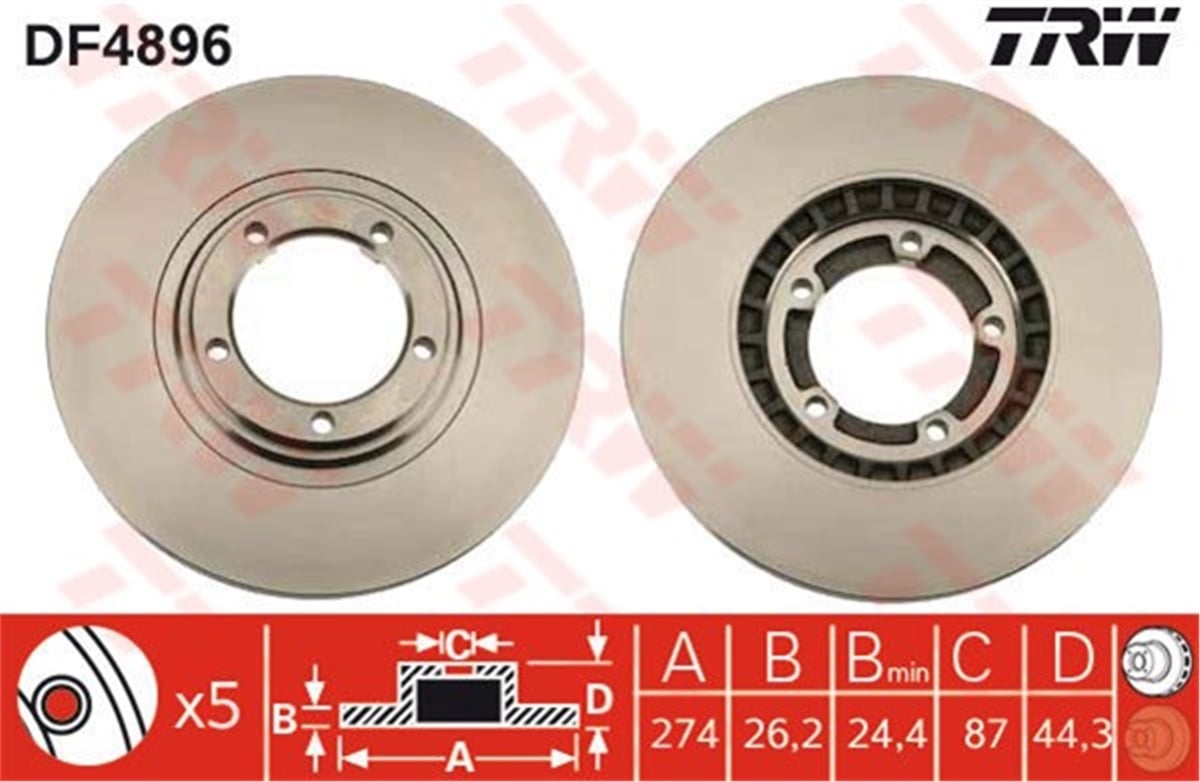 BONGOÖN FREN AYNASI STAREX 2.5TCI-2.5CRDİ 02 H100 2.5CRDİ 03-06 KIA BONGO TCI 05 274X26X5DLXHAVALI TRW DF4896TRWTRW DF4896