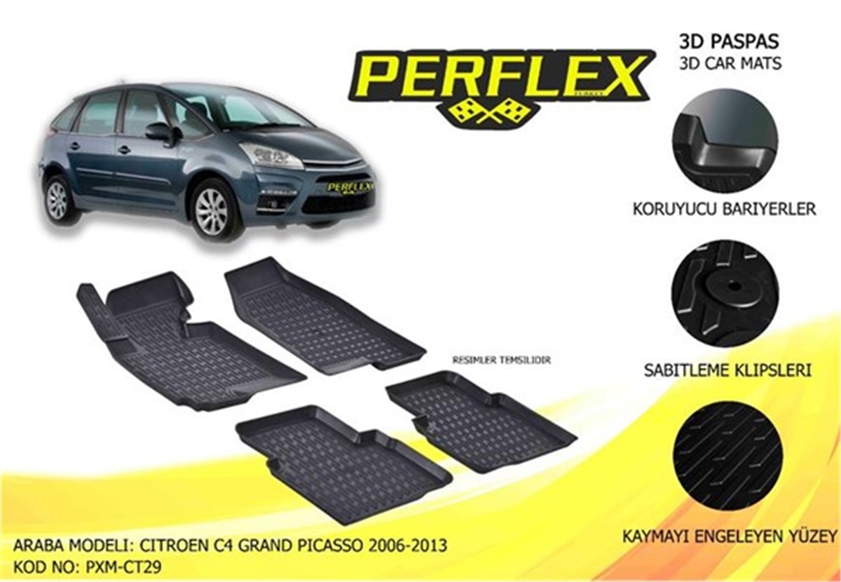 C4PERFLEX 3D X-MAT HAVUZLU PASPAS ÇEŞİTLERİ SİYAH CITROEN C4 GRAND PICASSO 2006-2013 3D X-MAT 5 PCS PERFLEX PXM-CT29PERFLEXPERFLEX PXM-CT29