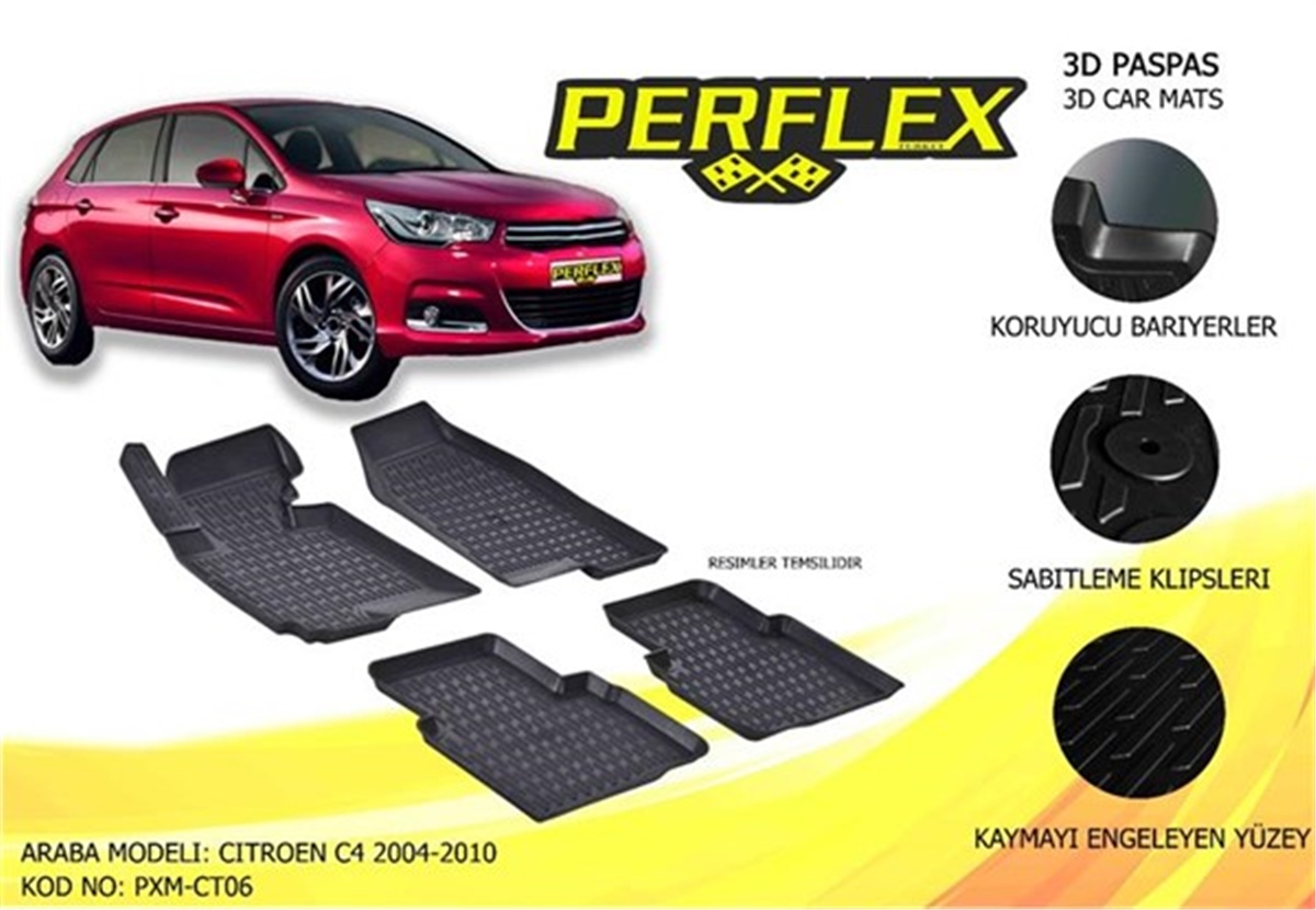 C4PERFLEX 3D X-MAT HAVUZLU PASPAS ÇEŞİTLERİ SİYAH CITROEN C4 2004-2010 3D X-MAT 5 PCS PERFLEX PXM-CT06PERFLEXPERFLEX PXM-CT06