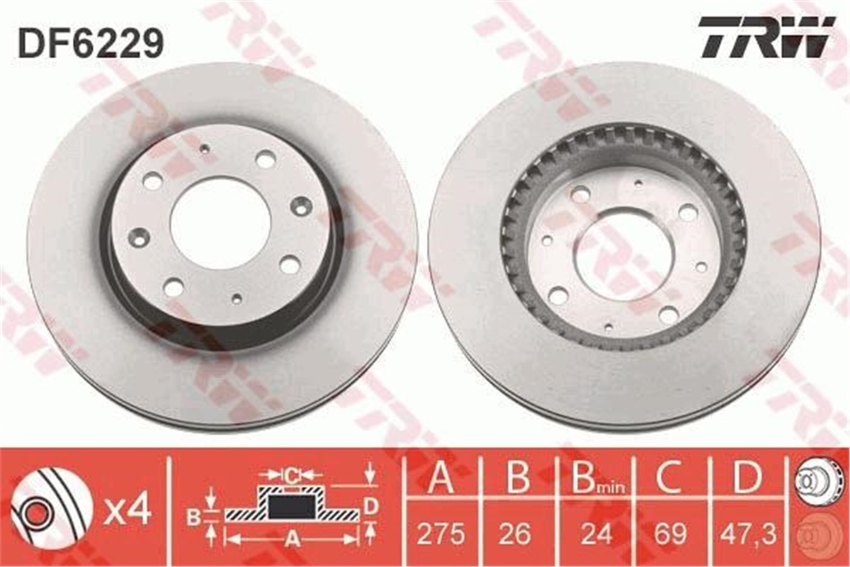 CERATOÖN FREN AYNASI KIA CERATO 1.6-2.0 16V 04 1.5-2.0CRDI 04 275X26X4DLXHAVALI TRW DF6229TRWTRW DF6229