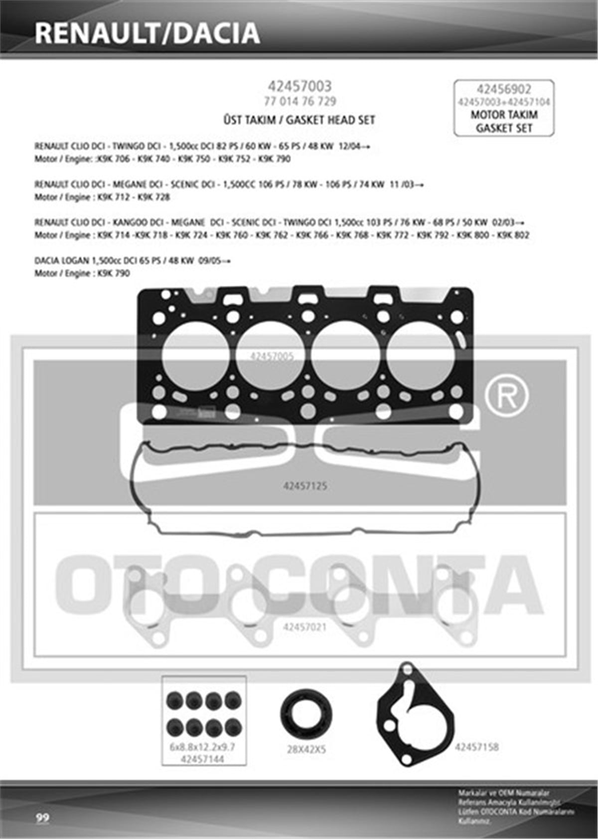 CLIOÜST TAKIM CONTASI CLIO-KANGOO-MEGANE-LOGAN-SANDERO 1.5DCI K9K 712-714-718-724-760 TEFLON KEÇELİ SUB.LAS OTOCONTA 42457003OTOCONTAOTOCONTA 42457003
