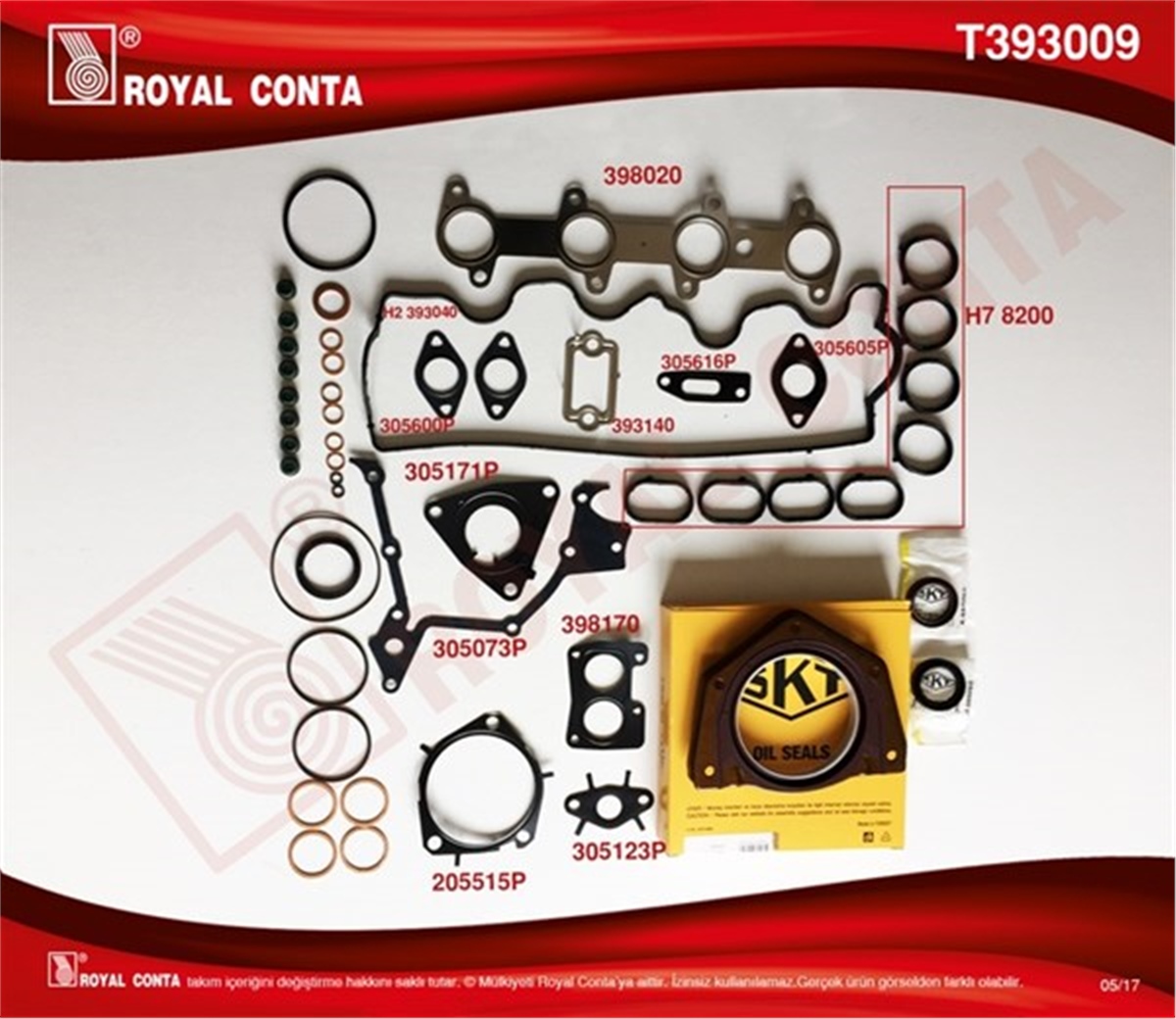 DOBLOMOTOR TAKIM CONTA SKT KEÇELİ-SUB.LASTİKLİ-SİLİNDİR KAPAK CONTASI SİZ DOBLO-PUNTO 1.9 DZL ROYAL T393009ROYALROYAL T393009