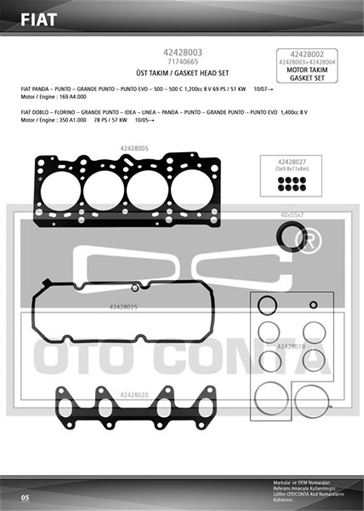 DOBLOÜST TAKIM CONTASI KEÇELİ PUNTO-DOBLO-FIORINO-LINEA 1.4 8V 199 A7.000-350 A1.000-FP4 OTOCONTA 42428003OTOCONTAOTOCONTA 42428003