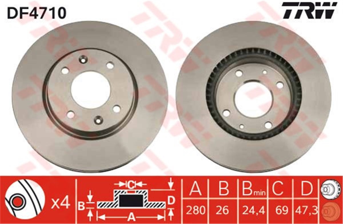ELANTRAÖN FREN AYNASI ELANTRA II 00 SONATA IV 2.0İE 16V-2.7İE V6 01-04 280X26X4DLXHAVALI TRW DF4710TRWTRW DF4710