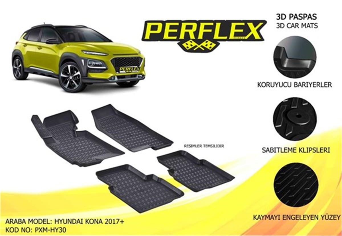 HYUNDAIPERFLEX 3D X-MAT HAVUZLU PASPAS ÇEŞİTLERİ SİYAH HYUNDAI KONA 2017 3D X-MAT 5 PCS PERFLEX PXM-HY30PERFLEXPERFLEX PXM-HY30