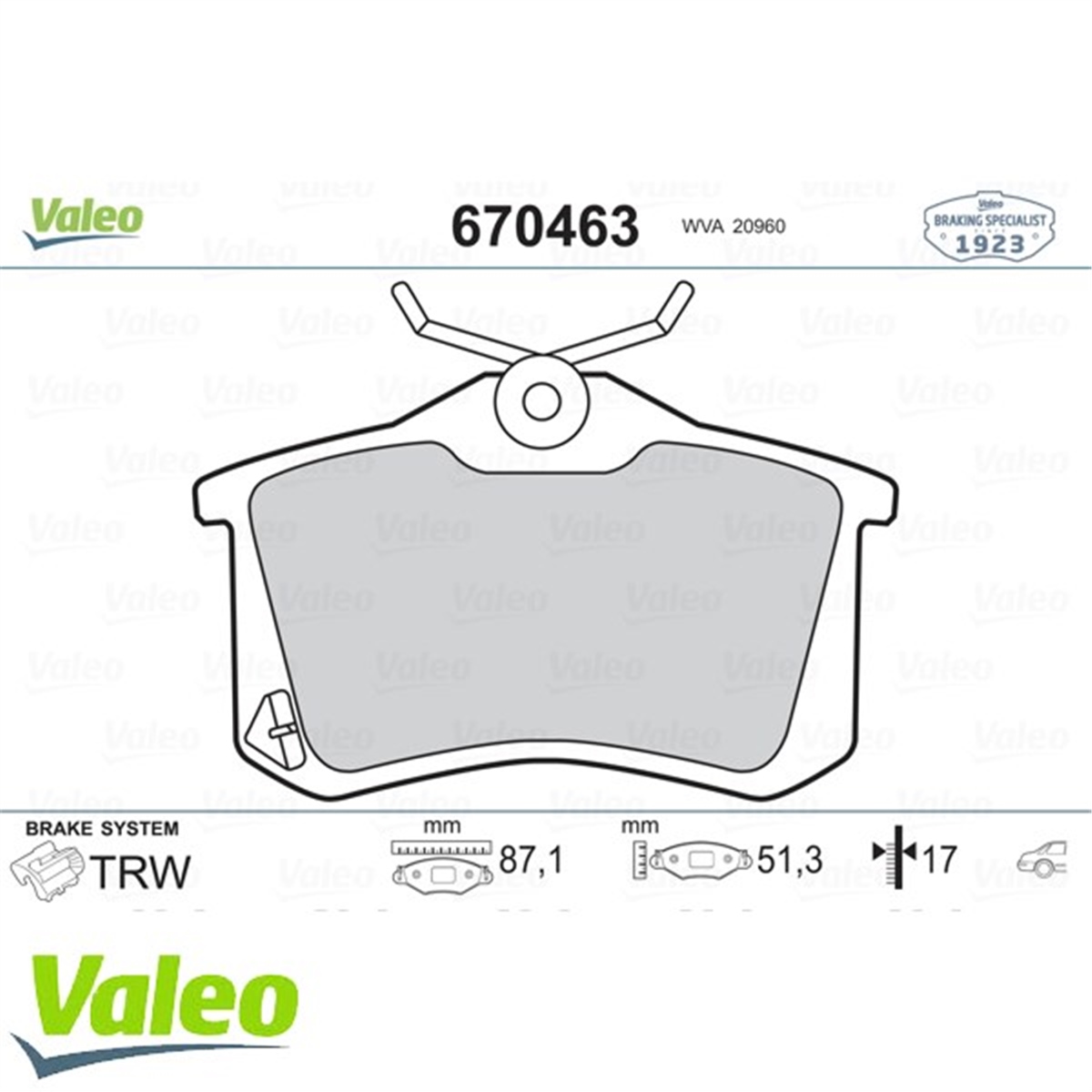 MEGANEARKA BALATA FLUENCE-MEGANE II-III-207-308-307-PARTNER-C3-C4-BORA-PASSAT 97 GOLF IV-V-POLO 87X52.9X17 VALEO 670463VALEOVALEO 670463