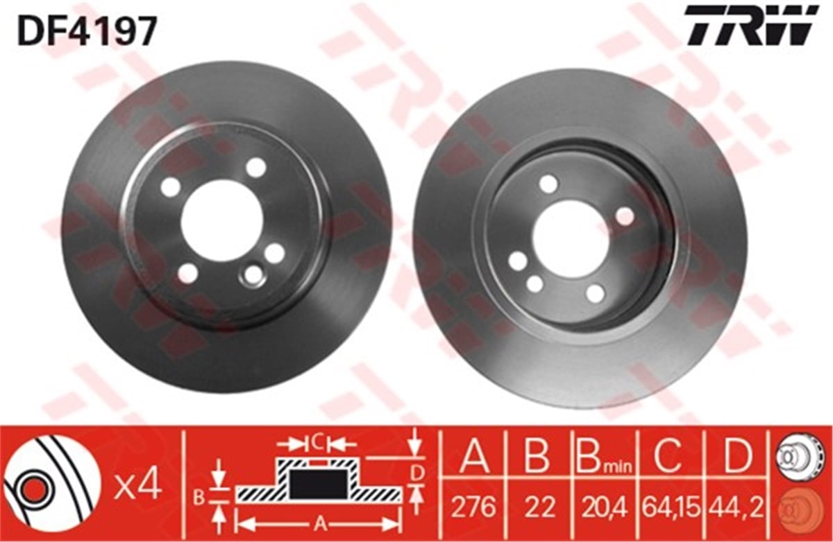 MINIÖN FREN AYNASI MİNİ COOPER-ONE 01 COOPER S-ONE D- WORKS 03 CABRİOLET 04 276X22X4DLXHAVALI TRW DF4197TRWTRW DF4197