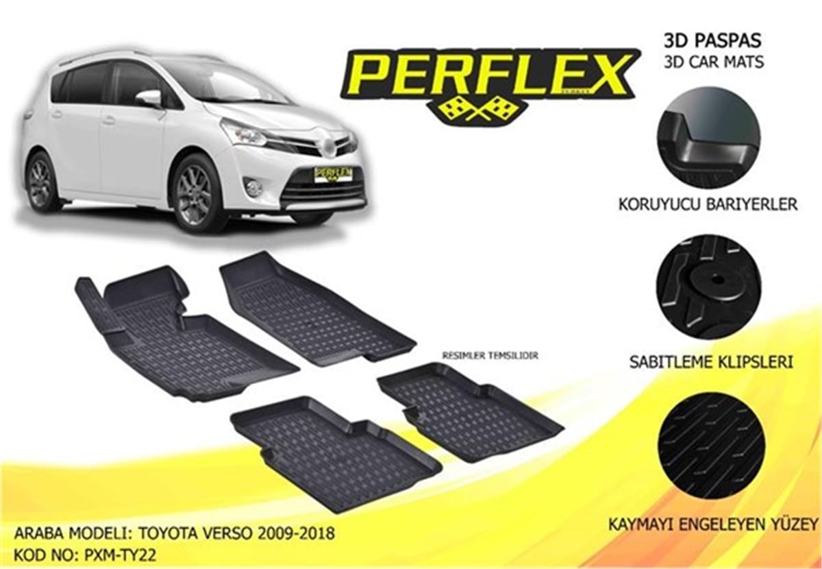 TOYOTAPERFLEX 3D X-MAT HAVUZLU PASPAS ÇEŞİTLERİ SİYAH TOYOTA VERSO 2009-2018 3D X-MAT 5 PCS PERFLEX PXM-TY22PERFLEXPERFLEX PXM-TY22