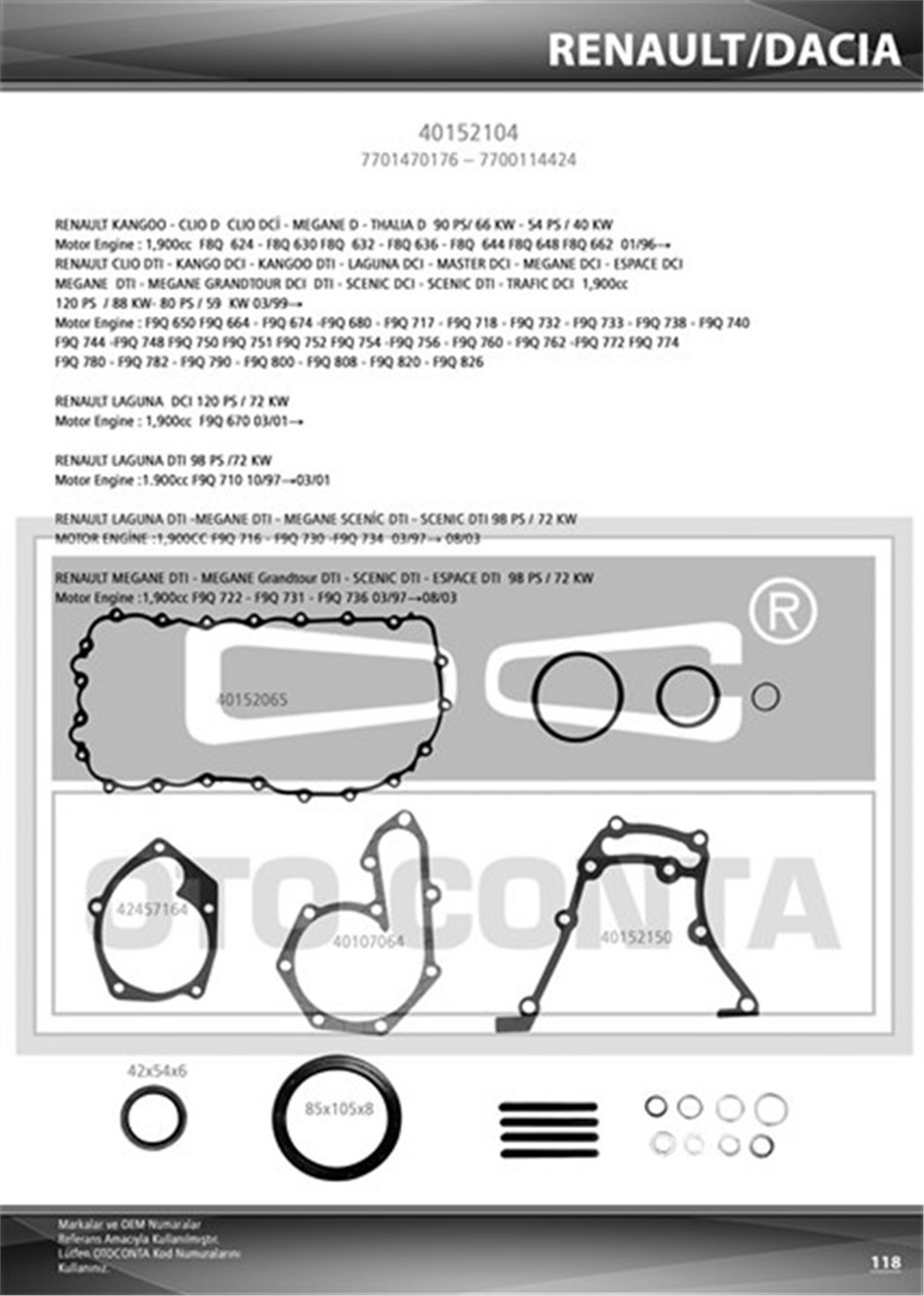 VIVAROALT TAKIM CONTASI KEÇELİ MEGANE-KANGOO-SCENIC-LGN-R19-MOVANO-VIVARO 1.8-1.9-2.0 F9Q KEÇELİ KARTER Lİ OTOCONTA 40152104OTOCONTAOTOCONTA 40152104