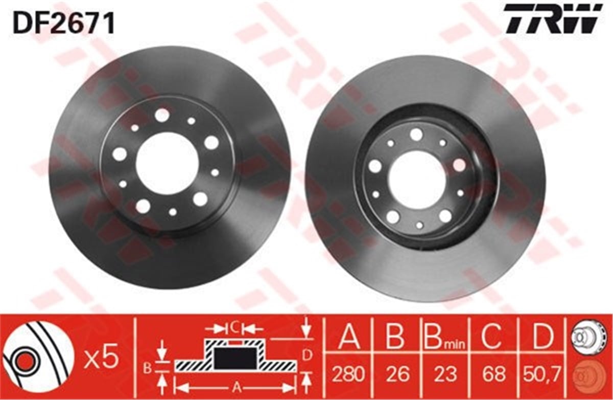 VOLVOÖN FREN AYNASI VOLVO 850 91-97 -S70-C70-V70-960-2.0-2.5-2.5 20V-2.5TDI 97 280X26X5DLXHAVALI TRW DF2671TRWTRW DF2671