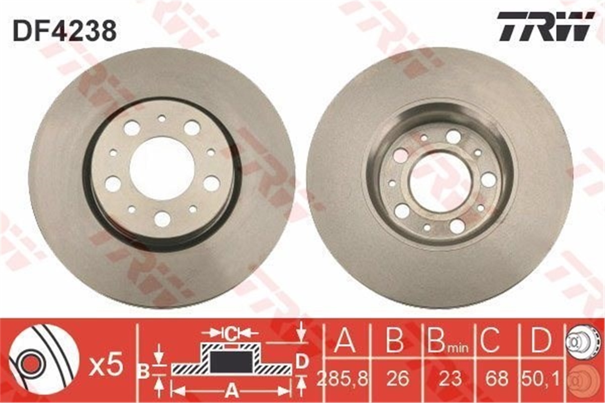 VOLVOÖN FREN AYNASI VOLVO S60 00-10 S80 98-06 V70 97-07 XC70 00-07 285X5DL KÜÇÜK TİP TRW DF4238TRWTRW DF4238