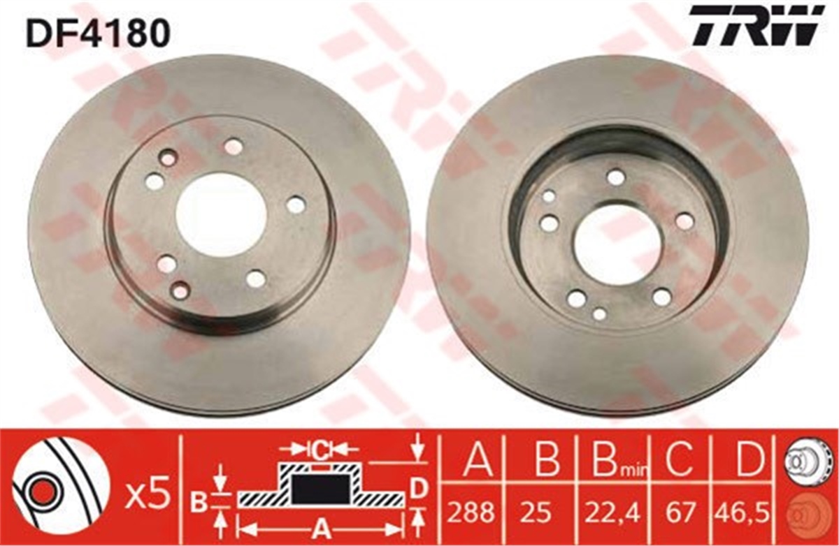 W202ÖN FREN AYNASI MERCEDES W203-C180-C200-W202-W210-E200-E220 288X25X5DLXHAVALI TRW DF4180TRWTRW DF4180