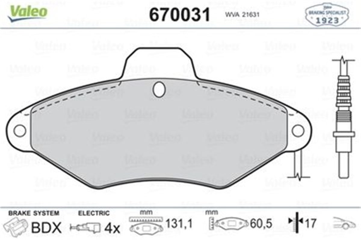 XANTIAÖN BALATA XANTIA 1.6 1.8 16V 1.9D 2.0 2.0HDİ 94-03 60.5X130.9X17 VALEO 670031VALEOVALEO 670031