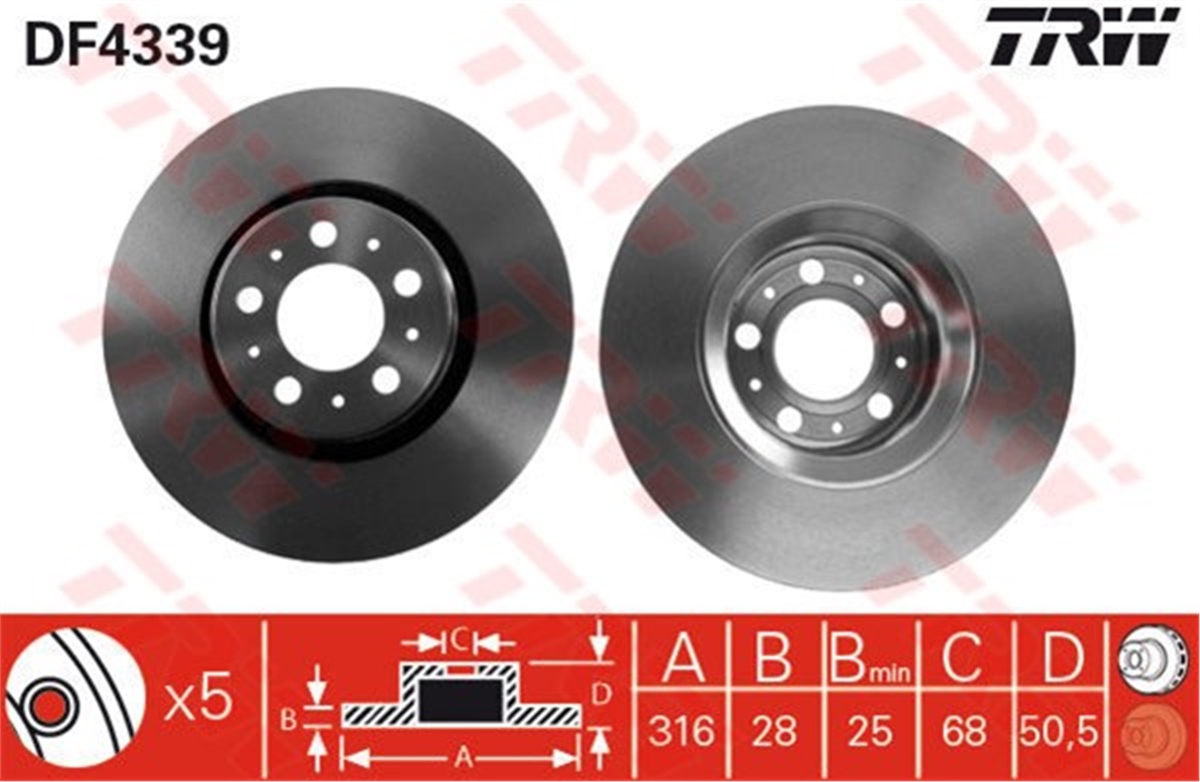 XC90ÖN FREN AYNASI VOLVO S60 04-10 XC90 2.5T 02 D5 02 T6 02 D5 09 S80 3.2 T6 07 316MM 16 TRW DF4339TRWTRW DF4339