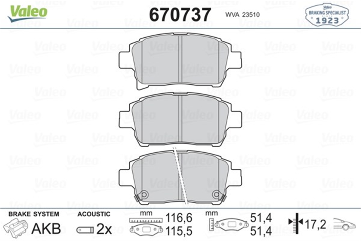 YEDEK PARÇA598737 DİSK FREN BALATASI ÖN ASCENT 2001-2003-CELICA 1999-2005-COROLLA 2002-2007-ECHO 03-05 VALEO 670737VALEOVALEO 670737
