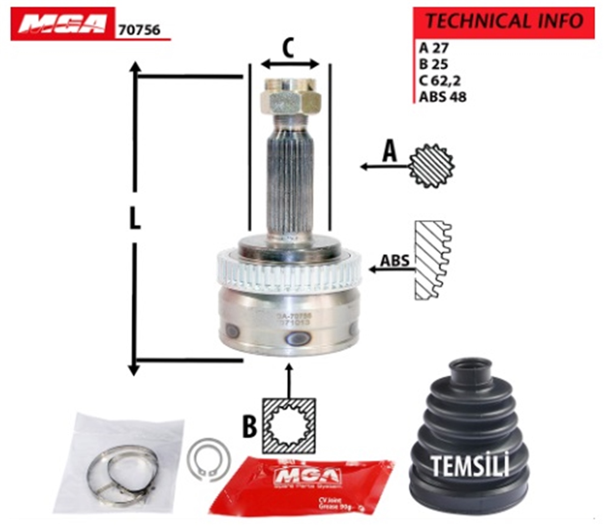 YEDEK PARÇAAKS KAFA DIS-ABSLI-HYUNDAI TUCSON 04>10  27×23×62.2xABS-48  -MGA-70755MGAMGA-70755
