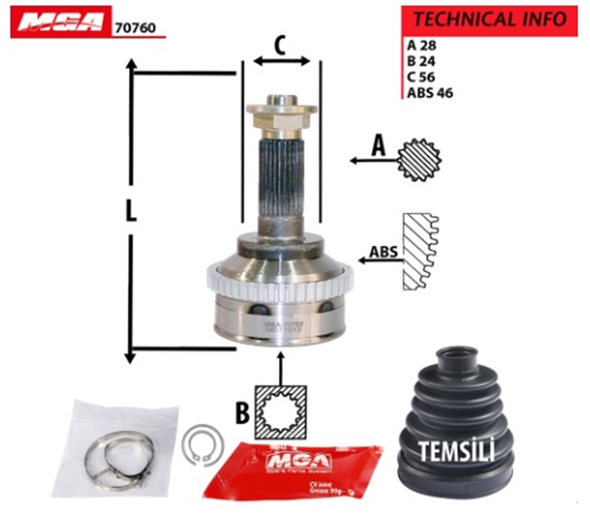 YEDEK PARÇAAKS KAFA DIS-ABSLI-HYUNDAI TUCSON 04>10  27×26×62.2xABS-48  -MGA-70757MGAMGA-70757
