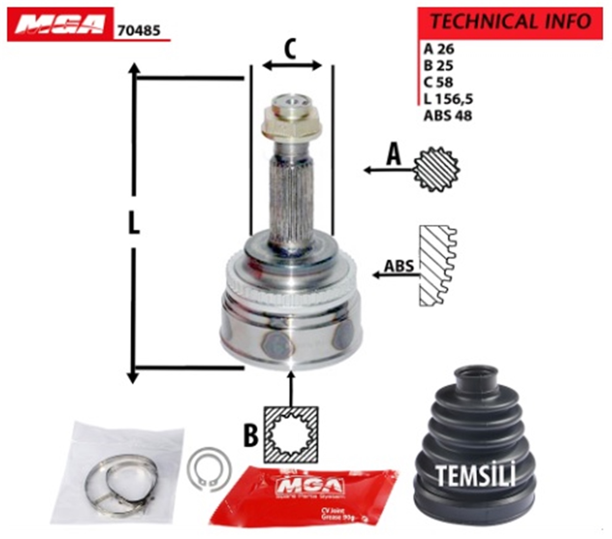YEDEK PARÇAAKS KAFA DIS ABSLI -  TOYOTA COROLLA 03>07 - COROLLA 13> 1.4 D4D DIZEL / AVENSIS 02-08 2.0-2.0D  26×25×58xABS-48 4347009A15 -MGA-70485MGAMGA-70485