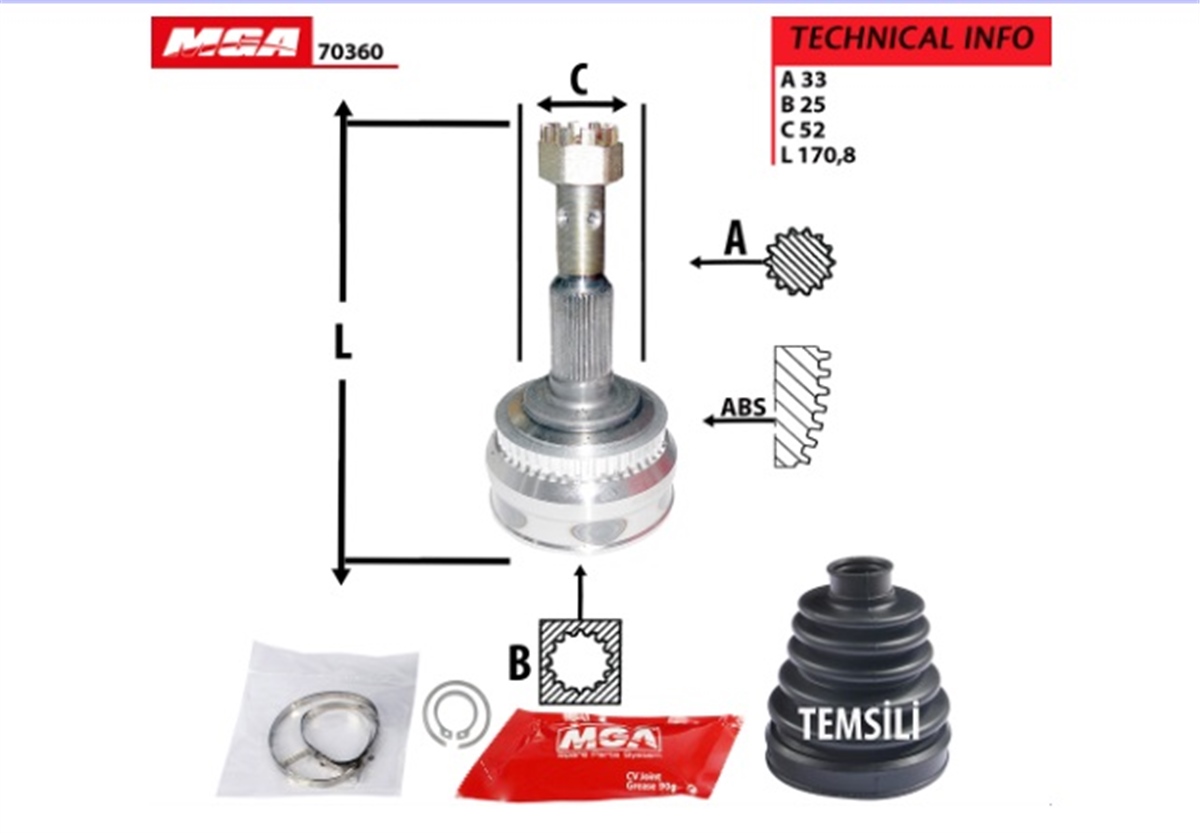 YEDEK PARÇAAKS KAFASI DIS 43D  OPEL  VECTRA A 1.7D 1.8 2.0 ABSLI 43 DİŞ 33×25×52 374126 -MGA-70360MGAMGA-70360
