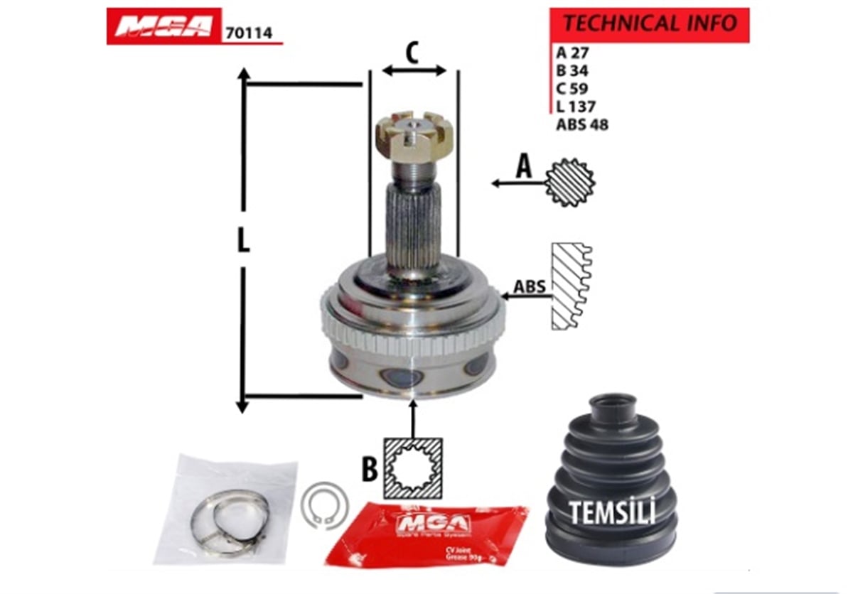 YEDEK PARÇAAKS KAFASI DIS - ABSLI FIAT SCUDO PEUGEOT EXPERT - 806 CITROEN JUMPY 1.9D 27×34×59 9619947688 -MGA-70114MGAMGA-70114