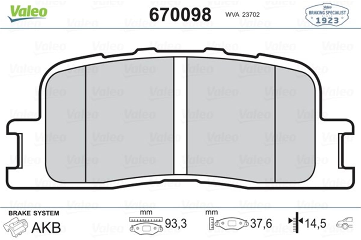 YEDEK PARÇAARKA BALATA CAMRY XV3 2.0 VVT-I 2.4 VVT-I 3.0 V6 3.3 VVT-I 08-2001-2006 VALEO 670098VALEOVALEO 670098