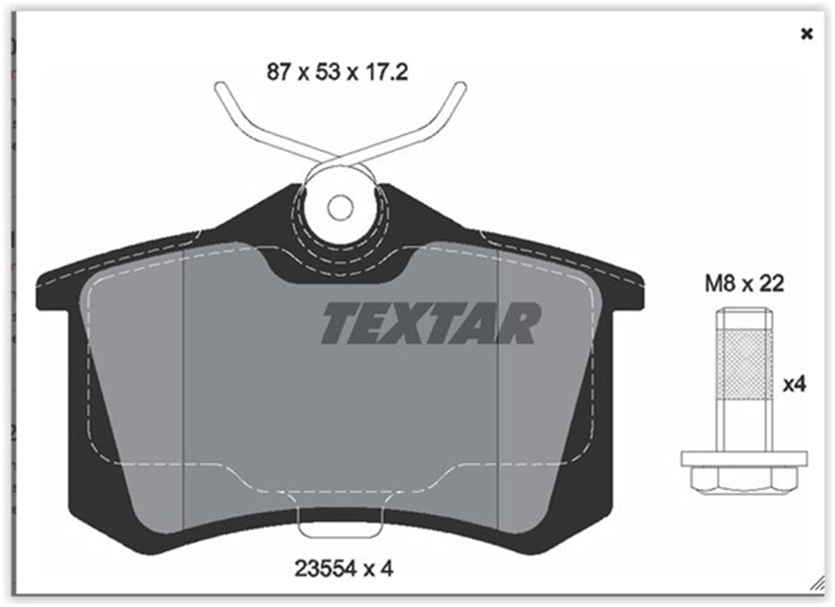 YEDEK PARÇAARKA BALATA FLUENCE-MEGANE II-III-207-308-307-PARTNER-C3-C4-BORA-PASSAT 97 GOLF IV-V-POLO 87X52.9X17 TEXTAR 2355402TEXTARTEXTAR 2355402