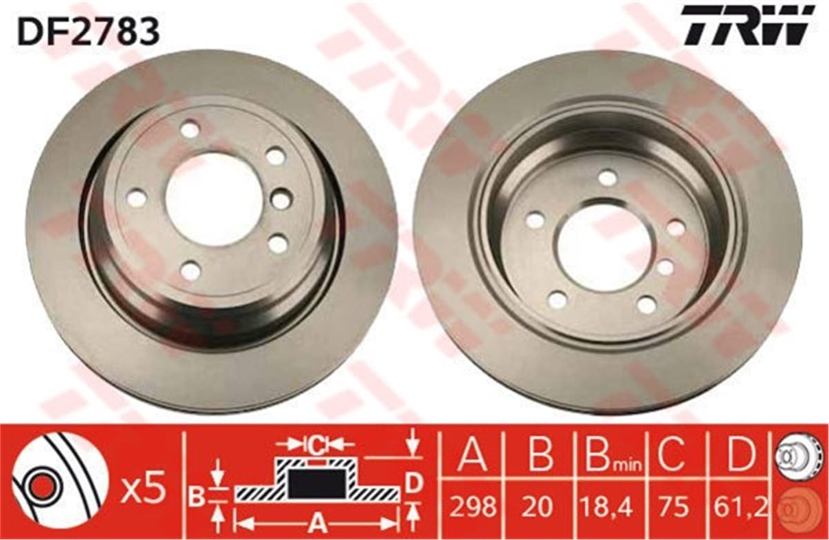 YEDEK PARÇAARKA FREN AYNASI BMW 5 E39 520-523-525-528-530 298X20X18.4XHAVALI TRW DF2783TRWTRW DF2783