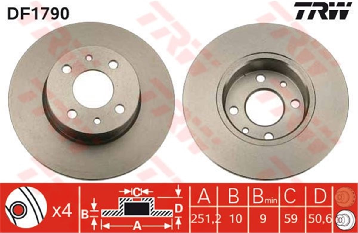 YEDEK PARÇAARKA FREN AYNASI BRAVO 07- STILO 01- LINEA 07- ALFA MITO 08- LANCIA DELTA 08- LYBRA 251.5X10X4DL TRW DF1790TRWTRW DF1790