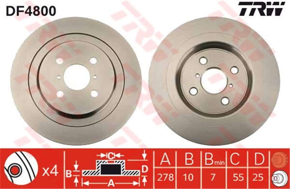 YEDEK PARÇAARKA FREN AYNASI DUZ YARIS CP10 1.3 04-02 YARIS 1.0VVT-I-1.3VVT-I-D4D 01-06 TRW DF4800TRWTRW DF4800