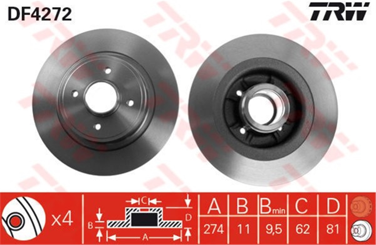 YEDEK PARÇAARKA FREN AYNASI MEGANE SCENIC 1.4-1.6 16V 1.9 DCİ DTİ 20 16V 97-8.03 274X11X4DL TRW DF4272TRWTRW DF4272