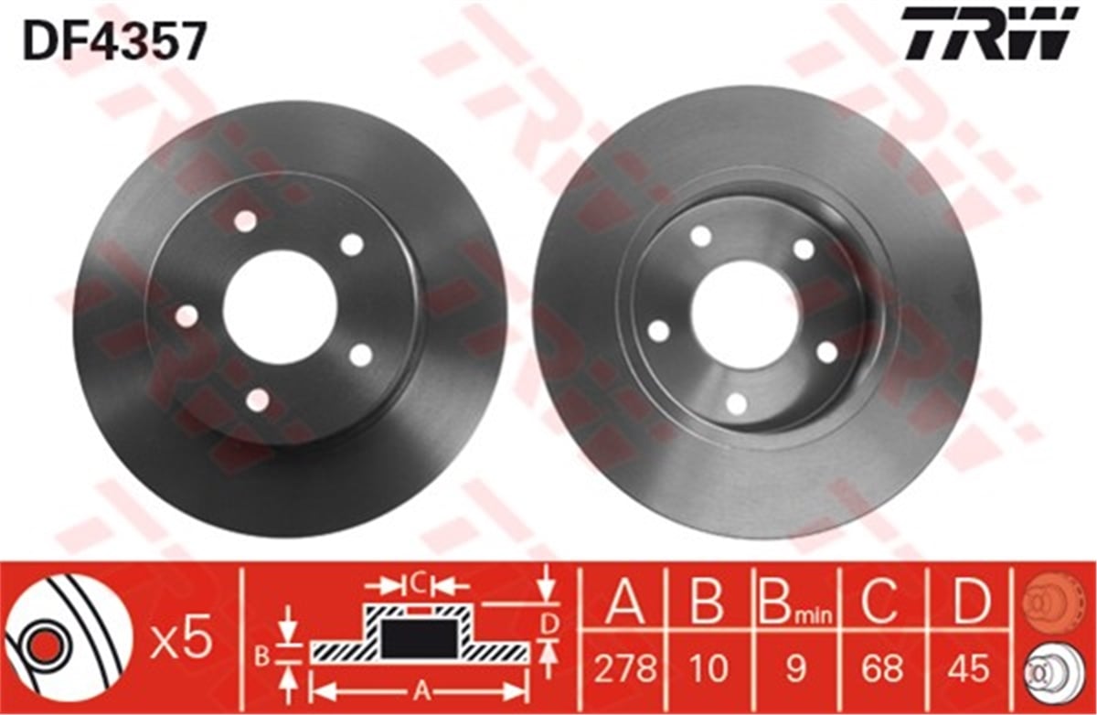 YEDEK PARÇAARKA FREN AYNASI NISSAN PRIMERA-ALMERA1.6-1.8-2.0-2.5-2.2DCI-1.9DCI02 278X10X5DL TRW DF4357TRWTRW DF4357