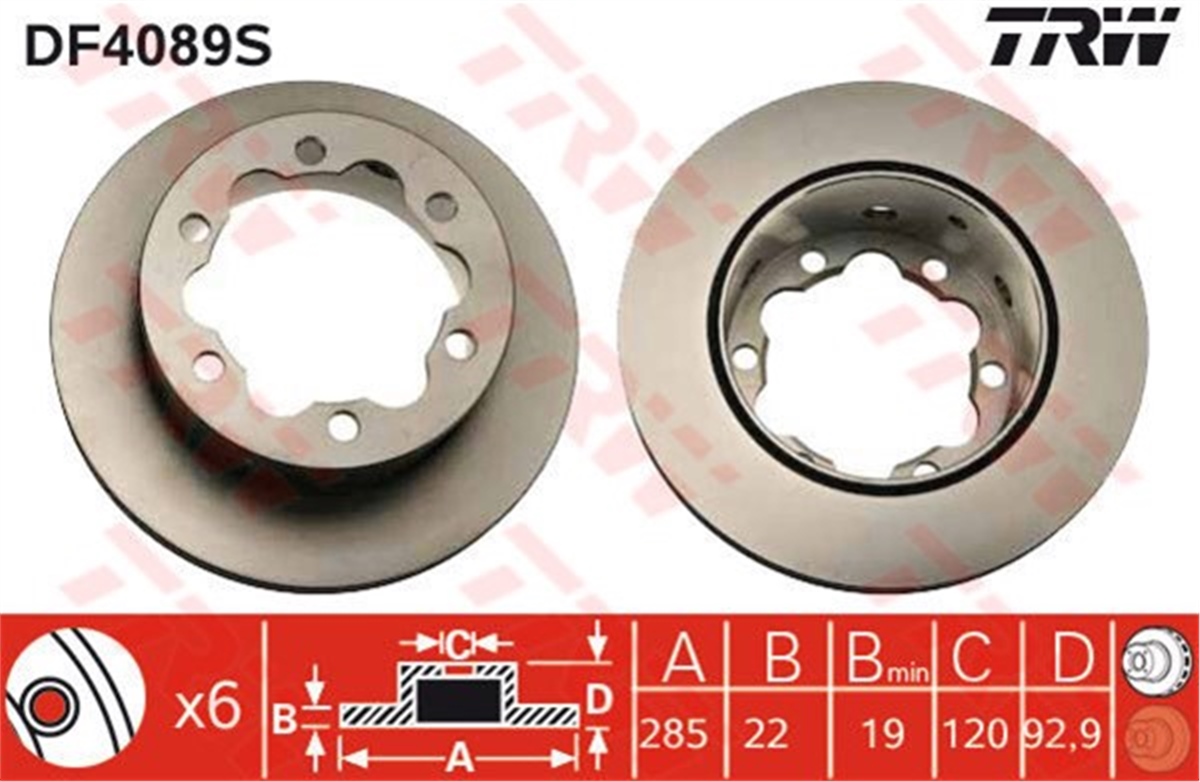 YEDEK PARÇAARKA FREN AYNASI SPRINTER-LT 28-35-46 2.3-2.5SDI 96-06 -2.5-2.8TDI 99-06 285X22X6DLXHVL ÇİFT TEK TRW DF4089STRWTRW DF4089S