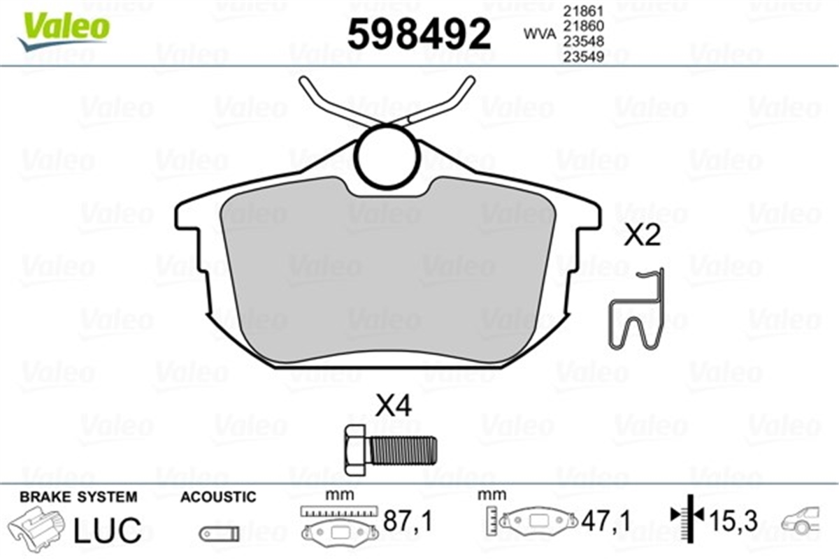YEDEK PARÇADİSK FREN BALATASI ARKA MITSUBISHI CARİSMA 1.8 GDİ 15 00 - VALEO 598492VALEOVALEO 598492