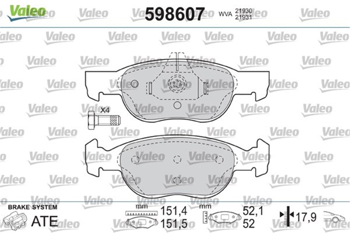 YEDEK PARÇADİSK FREN BALATASI ÖN FIAT PUNTO II 99-03 1.2 İ. 1.9 D VALEO 598607VALEOVALEO 598607