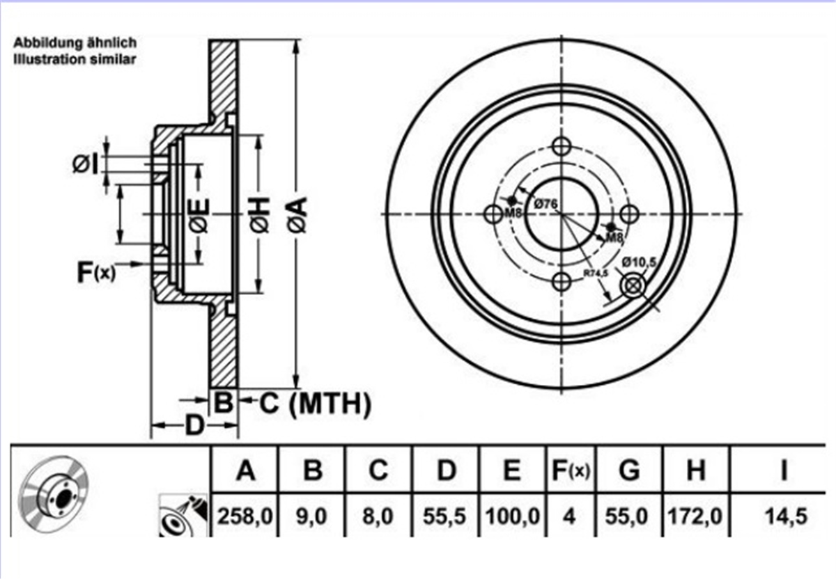 YEDEK PARÇAFREN DISK ARKA DUZ 258-4  TOYOTA COROLLA 03 - 07 / TOYOTA COROLLA VERSO 02 - 04 4243102070 -MGA-50255MGAMGA-50255