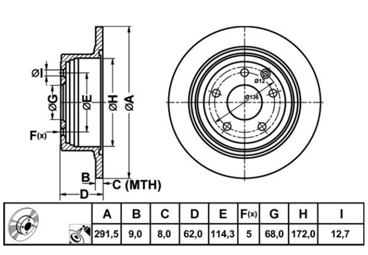 YEDEK PARÇAFREN DISK ARKA DUZ 291,5-5  NISSAN QASHQAI 07 ->/ NISSAN JUKE 11 ->  43206JD00A -MGA-50398MGAMGA-50398