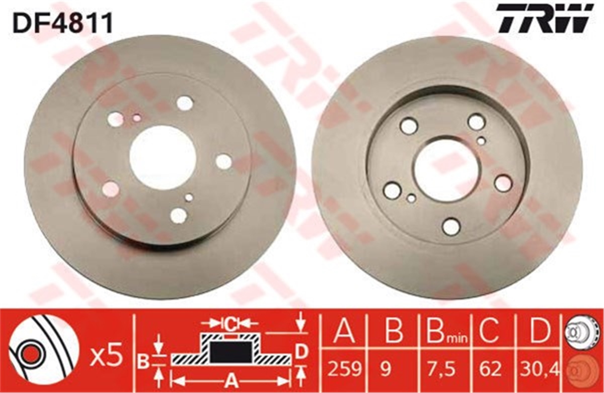 YEDEK PARÇAFREN DİSKİ ARKA . 42431-12260 JAPON COROLLA (E15) 07-12 1.33:1.6 TRW TRW DF4811TRWTRW DF4811