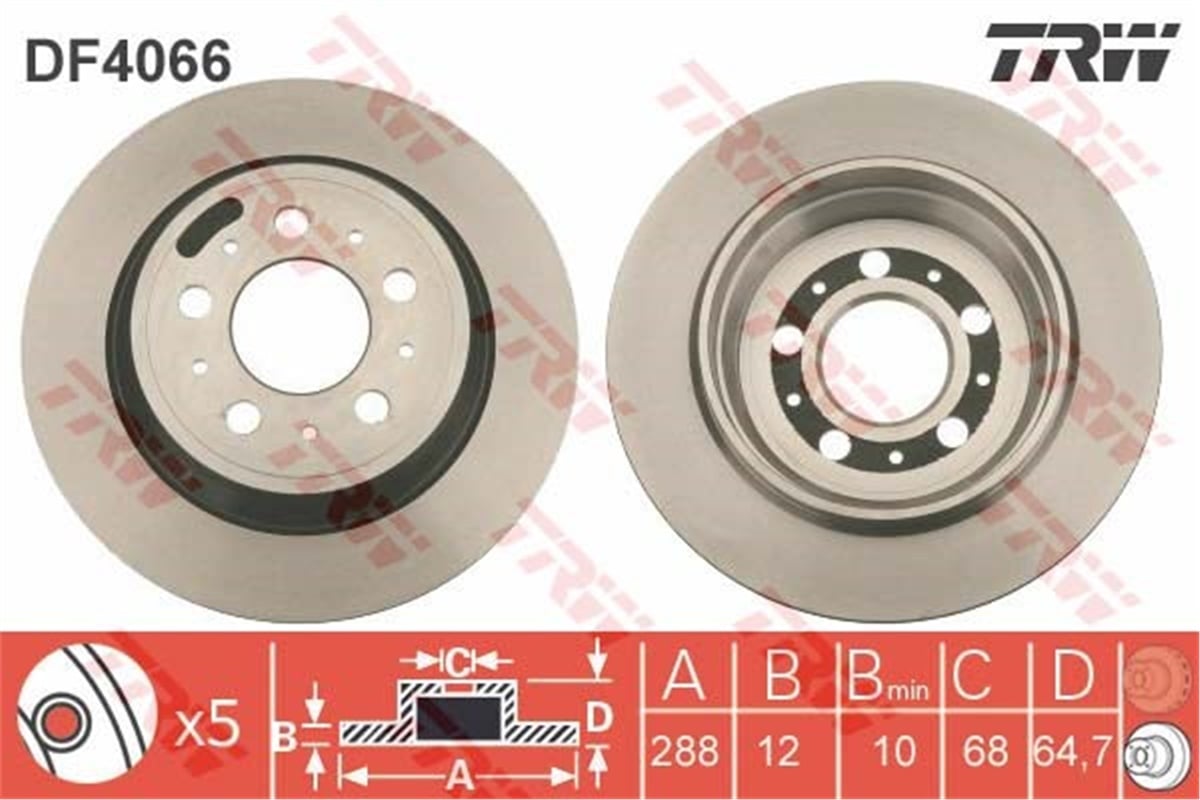 YEDEK PARÇAFREN DİSKİ ARKA 94341670 9434167 FORD S60 I (384)/S70 (874)/S80 I (184)/V70 I (875, 876)/V70 II (285)/XC70 CROSS COUNTRY (295) 98- BM TRW TRW DF4066TRWTRW DF4066